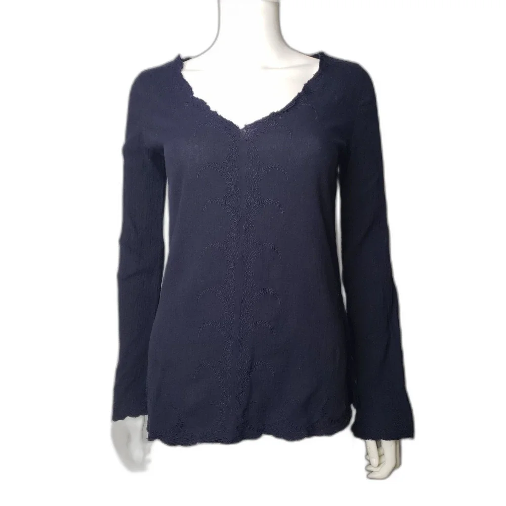 J. CREW Navy Blue Long Sleeve Cotton Embroidered Scalloped V Neck Top Womens XS